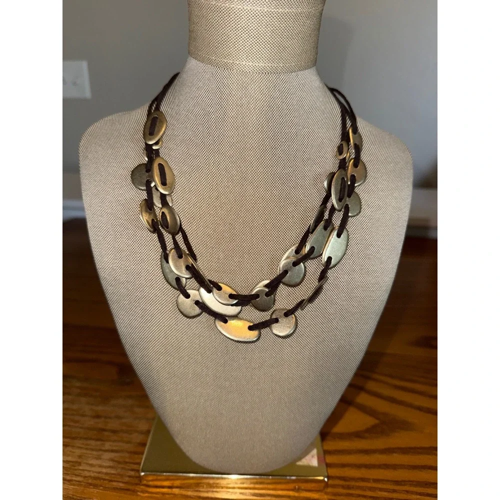 TINT Women Matte Gold Tone Oval Disc Multi Strand Cord Statement Necklace 19in